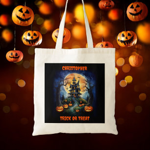 Halloween Haunted House with Pumpkins Name Tote Bag