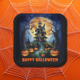 Halloween Haunted House with Pumpkins Party Paper Plate