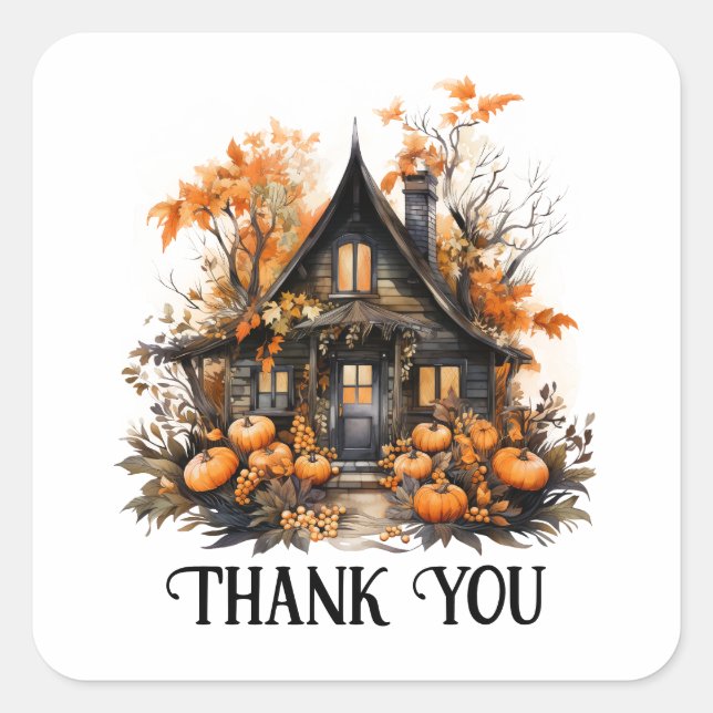 Halloween Haunted House with Pumpkins Thank You Square Sticker (Front)