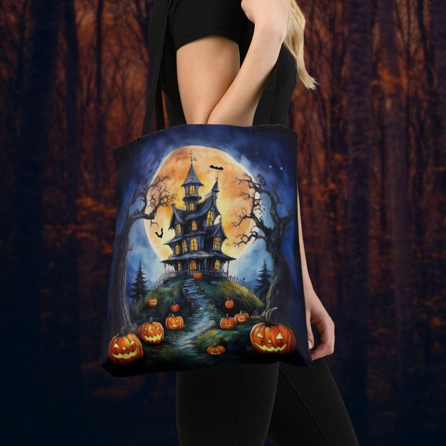 Halloween Haunted House with Pumpkins Tote Bag (Creator Uploaded)