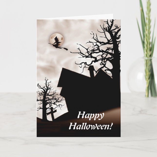 Halloween Haunted House with Witch On Broom Card (Front)