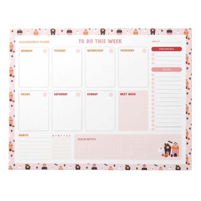 Halloween Haunted Houses Weekly To Do List Planner Notepad (Front)