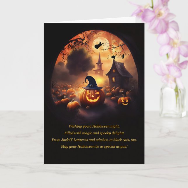 Halloween Haunted Image with Jack O Lanterns  Card (Orchid)