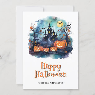 Halloween Haunted Mansion Pumpkins Bats Ghost Holiday Card