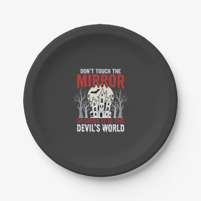 Halloween Haunted Mirror Devils World Graphic Paper Plate (Front)