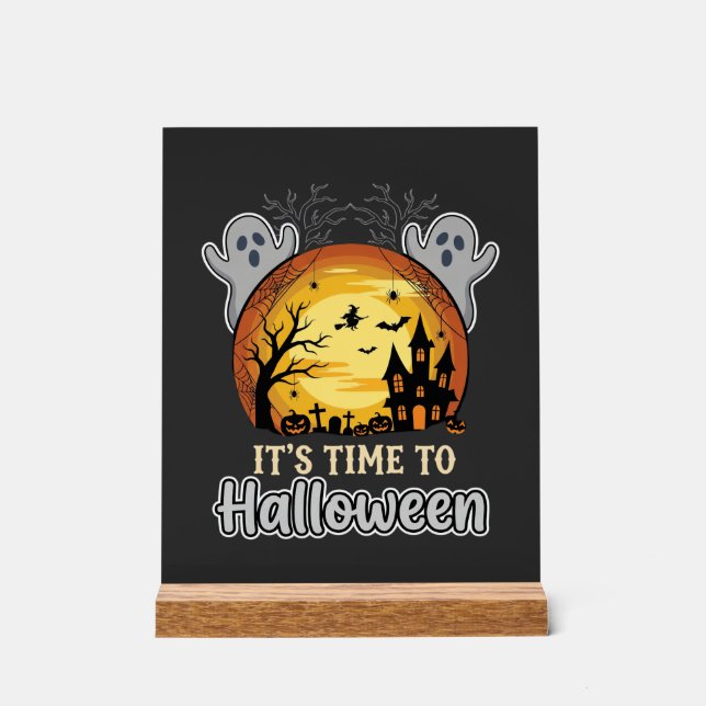 Halloween Haunted Moon Ghosts and Graveyard Vector Acrylic Sign (Front)