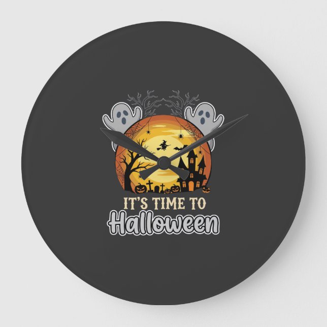 Halloween Haunted Moon Ghosts and Graveyard Vector Large Clock (Front)