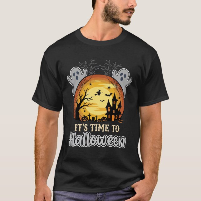 Halloween Haunted Moon Ghosts and Graveyard Vector T-Shirt (Front)