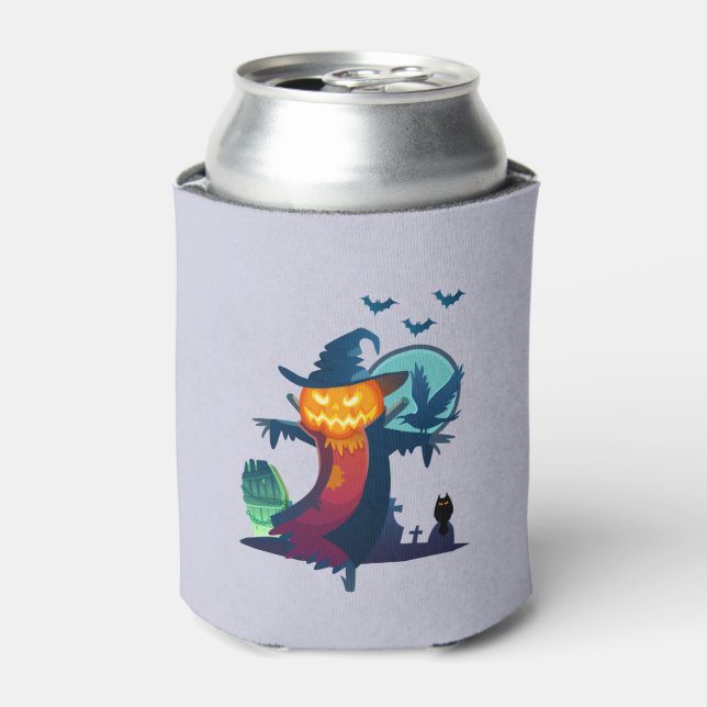 Halloween Haunted Scarecrow With Bats And A Crow Can Cooler (Can Front)