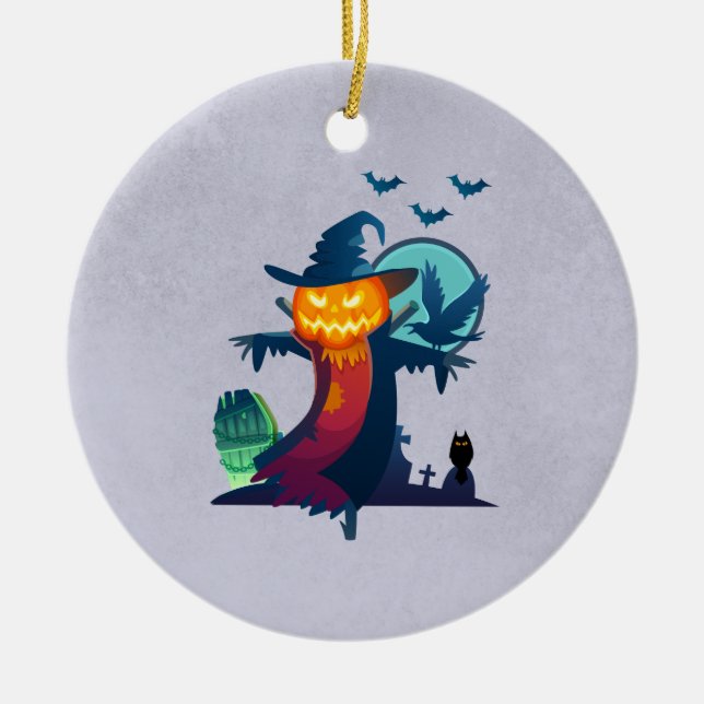 Halloween Haunted Scarecrow With Bats And A Crow Ceramic Tree Decoration (Front)