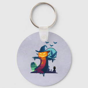 Halloween Haunted Scarecrow With Bats And A Crow Key Ring
