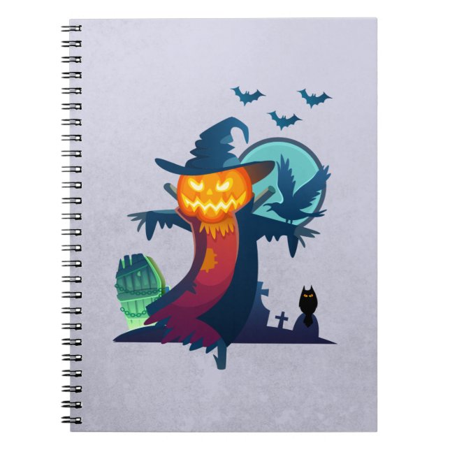 Halloween Haunted Scarecrow With Bats And A Crow Notebook (Front)