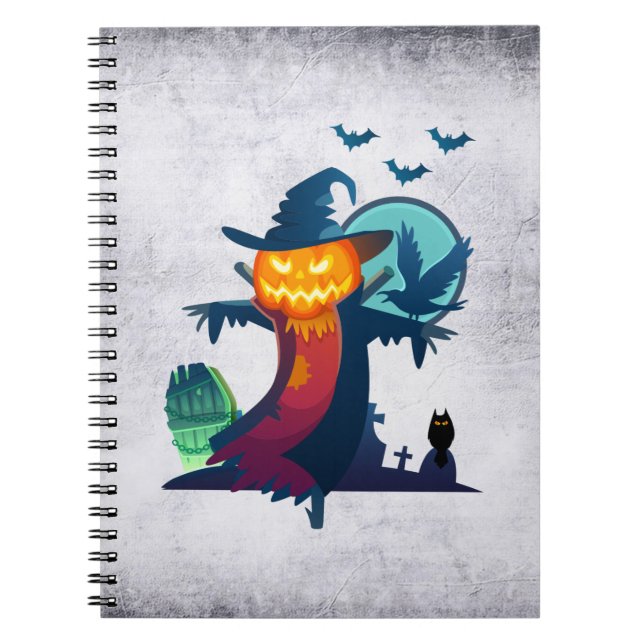 Halloween Haunted Scarecrow With Bats And A Crow Notebook (Front)