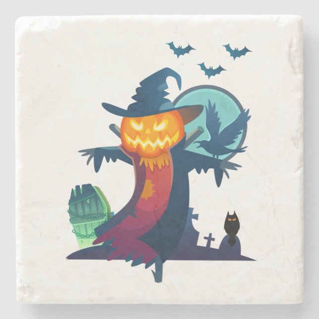 Halloween Haunted Scarecrow With Bats And A Crow Stone Coaster (Front)