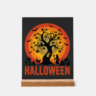 Halloween Haunted Tree Witch and Black Cats Acrylic Sign