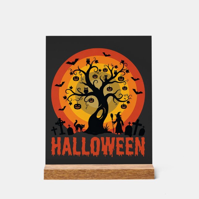 Halloween Haunted Tree Witch and Black Cats Acrylic Sign (Front)