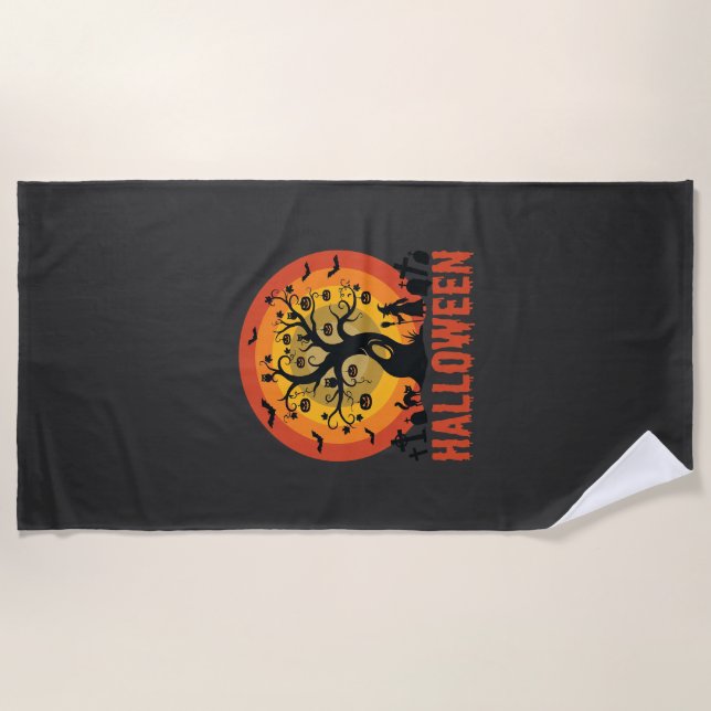 Halloween Haunted Tree Witch and Black Cats Beach Towel (Front)