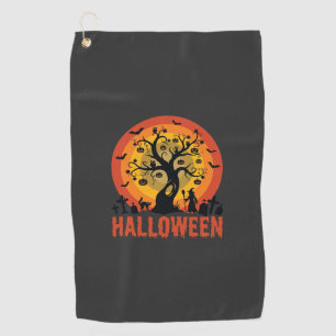 Halloween Haunted Tree Witch and Black Cats Golf Towel
