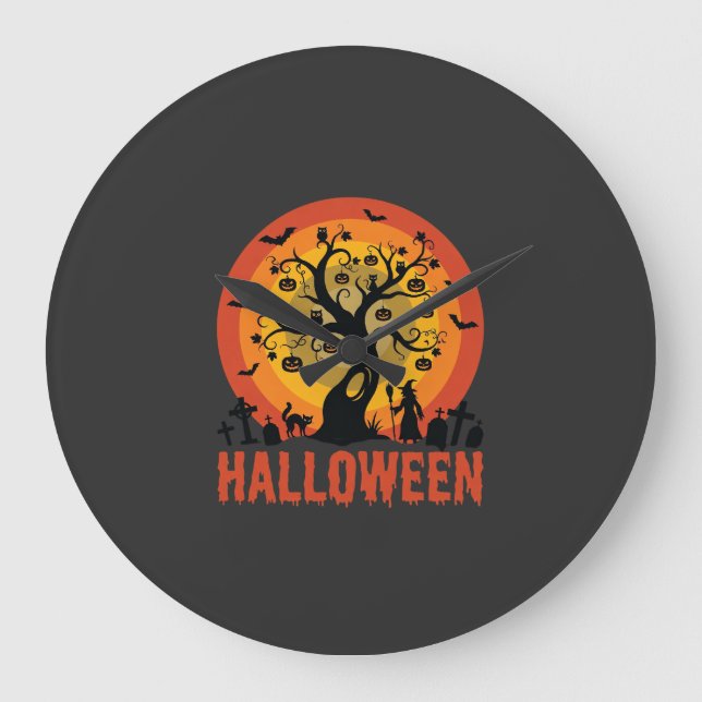 Halloween Haunted Tree Witch and Black Cats Large Clock (Front)