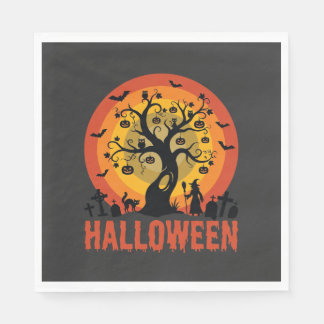 Halloween Haunted Tree Witch and Black Cats Napkin
