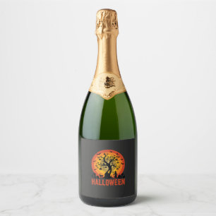 Halloween Haunted Tree Witch and Black Cats Sparkling Wine Label