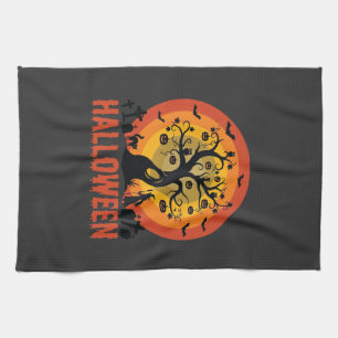 Halloween Haunted Tree Witch and Black Cats Tea Towel