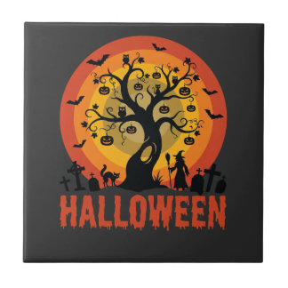 Halloween Haunted Tree Witch and Black Cats Tile
