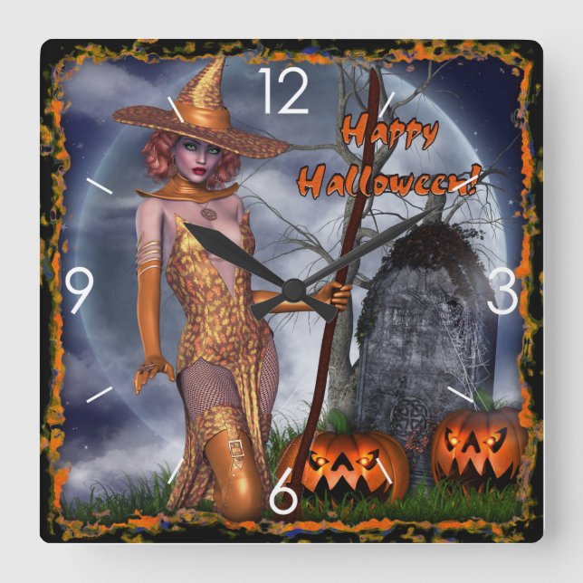 Halloween Haunted Witch Pumpkin House Square Wall Clock (Front)