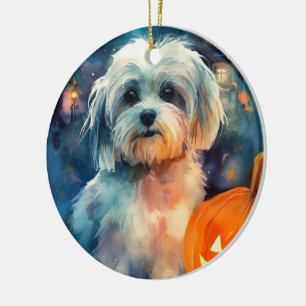 Halloween Havanese With Pumpkins Scary Ceramic Tree Decoration