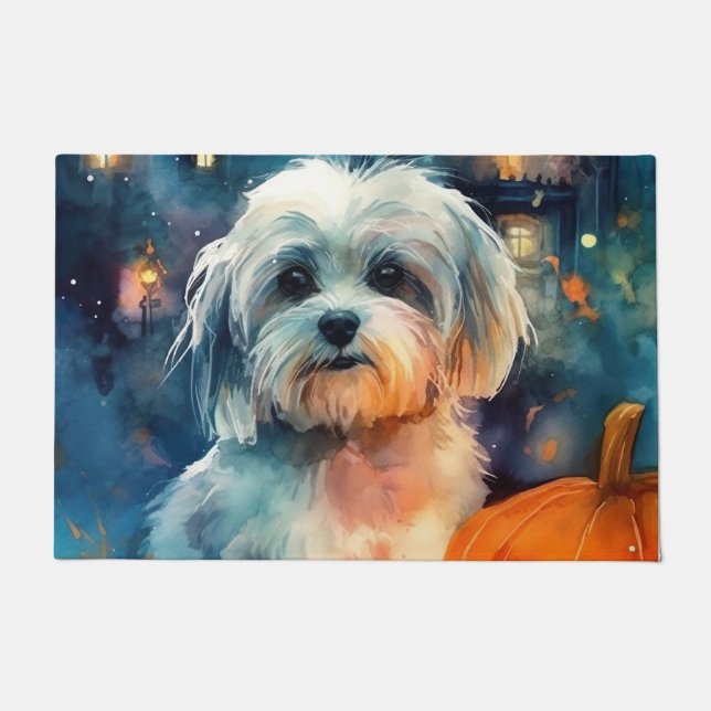 Halloween Havanese With Pumpkins Scary Doormat (Front)