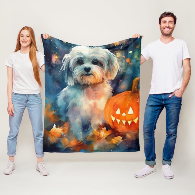 Halloween Havanese With Pumpkins Scary Fleece Blanket (In Situ)