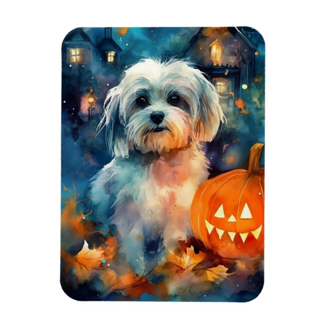 Halloween Havanese With Pumpkins Scary Magnet (Vertical)