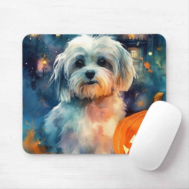 Halloween Havanese With Pumpkins Scary Mouse Mat (With Mouse)