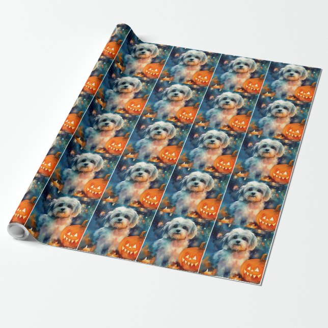 Halloween Havanese With Pumpkins Scary Wrapping Paper (Unrolled)