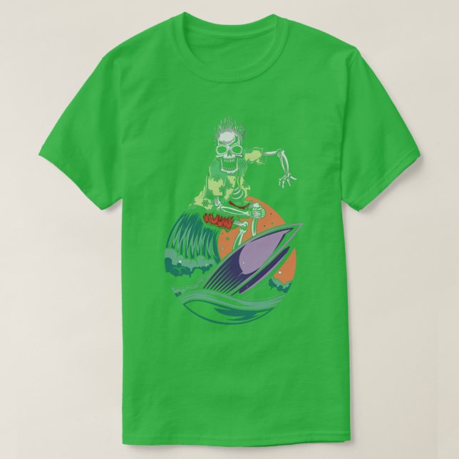 Halloween Hawaii Skeleton Surfing T-Shirt (Design Front)