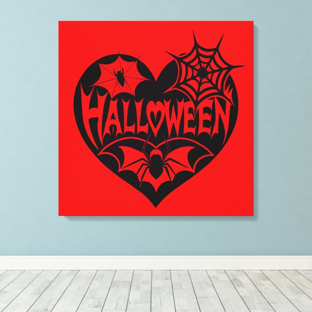 Halloween Heart, Black Heart Shape, Spider Web Canvas Print (Insitu(Wood Floor))