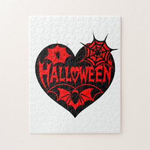 Halloween Heart, Black Heart Shape, Spider Web Jigsaw Puzzle