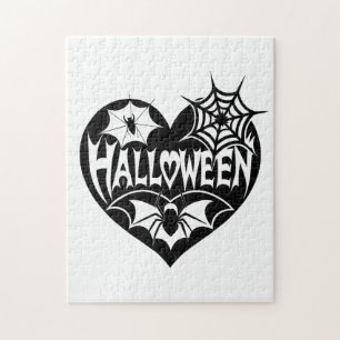 Halloween Heart, Black Heart Shape, Spider Web Jigsaw Puzzle