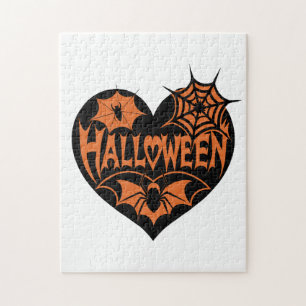Halloween Heart, Black Heart Shape, Spider Web Jigsaw Puzzle