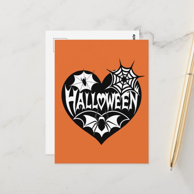 Halloween Heart, Black Heart Shape, Spider Web Postcard (Front/Back In Situ)