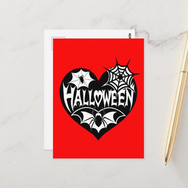 Halloween Heart, Black Heart Shape, Spider Web Postcard (Front/Back In Situ)