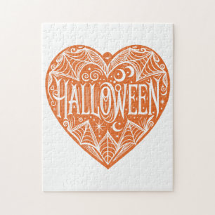 Halloween Heart, Orange Heart Shape, Holiday Jigsaw Puzzle