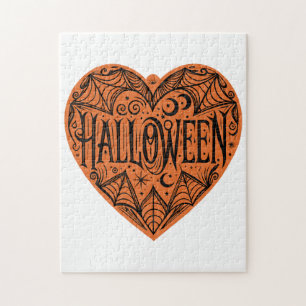 Halloween Heart, Orange Heart Shape, Holiday Jigsaw Puzzle