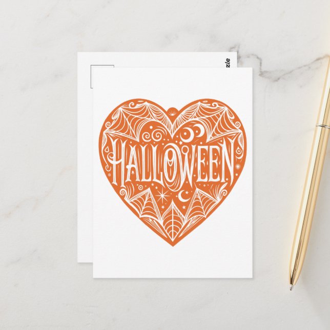 Halloween Heart, Orange Heart Shape, Holiday Postcard (Front/Back In Situ)