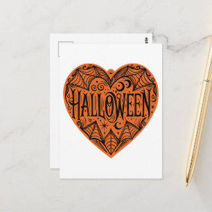Halloween Heart, Orange Heart Shape, Holiday Postcard