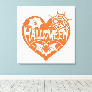 Halloween Heart, Orange Heart Shape, Spider Web Canvas Print