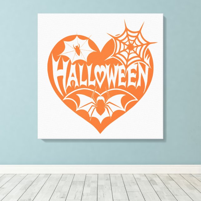 Halloween Heart, Orange Heart Shape, Spider Web Canvas Print (Insitu(Wood Floor))
