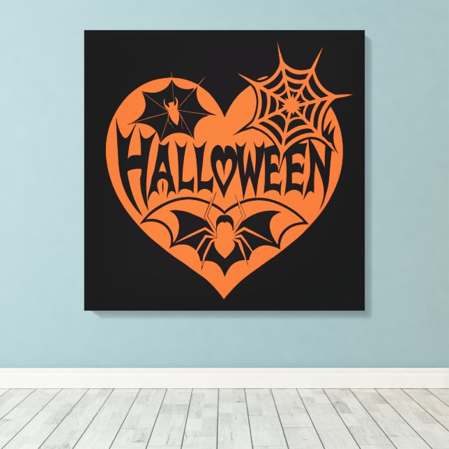 Halloween Heart, Orange Heart Shape, Spider Web Canvas Print (Insitu(Wood Floor))