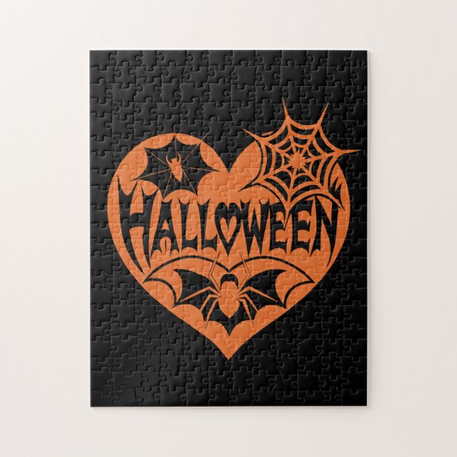 Halloween Heart, Orange Heart Shape, Spider Web Jigsaw Puzzle (Vertical)