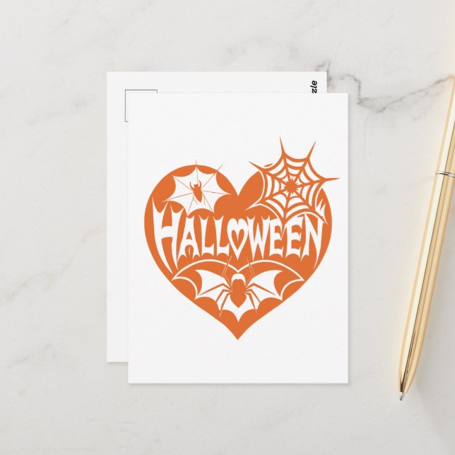 Halloween Heart, Orange Heart Shape, Spider Web Postcard (Front/Back In Situ)